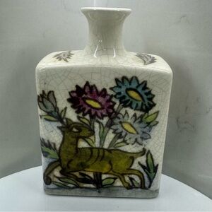 Pottery Barn Ikat Crackled Flower Vase Floral Birds Deer